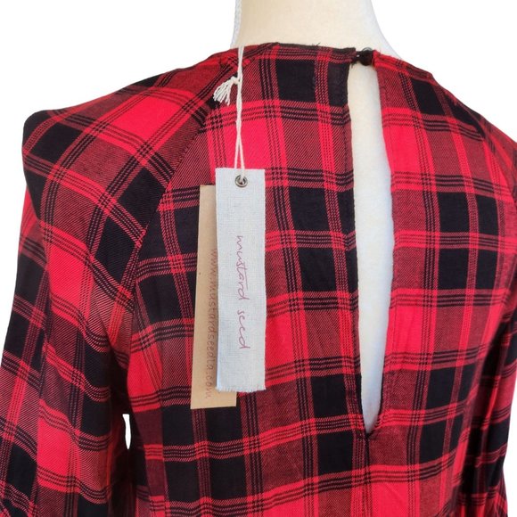 New w/Tags Mustard Seed Brand Red & Black Plaid Keyhole Back Blouse Sz Small - Picture 6 of 8